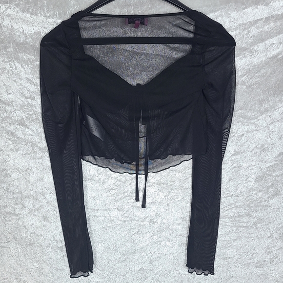 Edikted Black Long Sleeve Crop Tie Front Blouse Mesh Top Gothic XS - Picture 3 of 5
